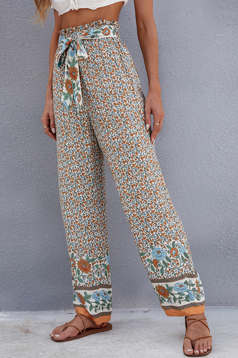 Antmvs Casual Floral With Belt Straight High Waist Wide Leg Full Print Bottoms