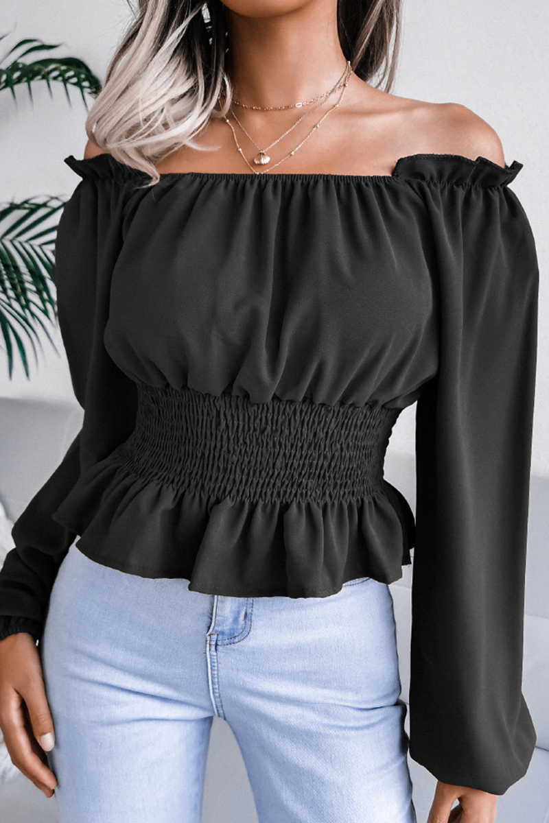 Fashion Elegant Solid Split Joint Flounce Off the Shoulder Tops