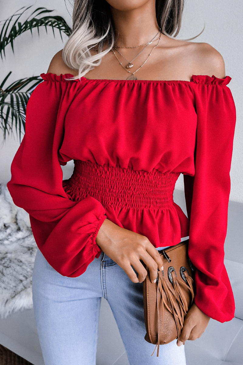 Fashion Elegant Solid Split Joint Flounce Off the Shoulder Tops