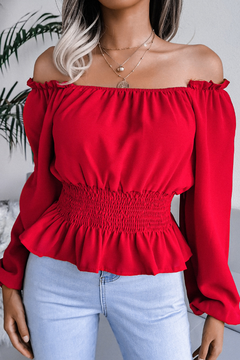 Fashion Elegant Solid Split Joint Flounce Off the Shoulder Tops