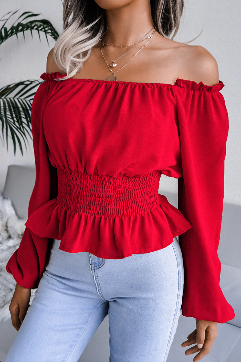 Fashion Elegant Solid Split Joint Flounce Off the Shoulder Tops