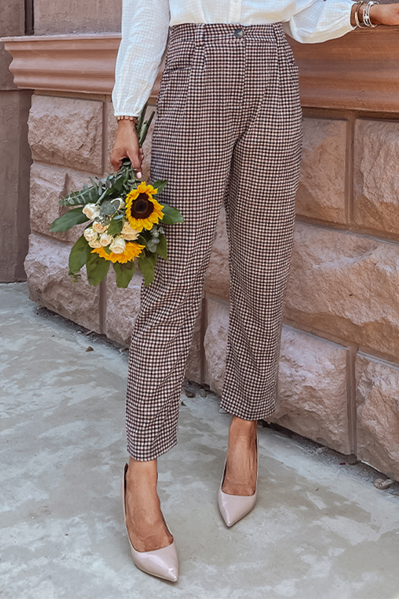 Antmvs Vintage Elegant Plaid Pocket Capris Straight Full Print Bottoms