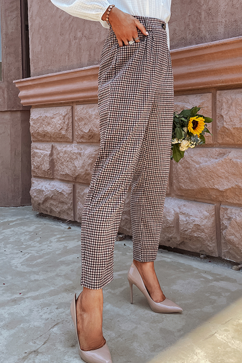 Antmvs Vintage Elegant Plaid Pocket Capris Straight Full Print Bottoms