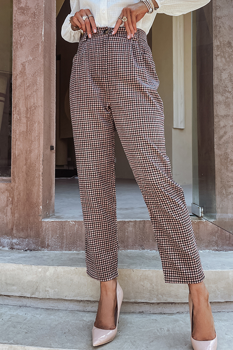 Antmvs Vintage Elegant Plaid Pocket Capris Straight Full Print Bottoms