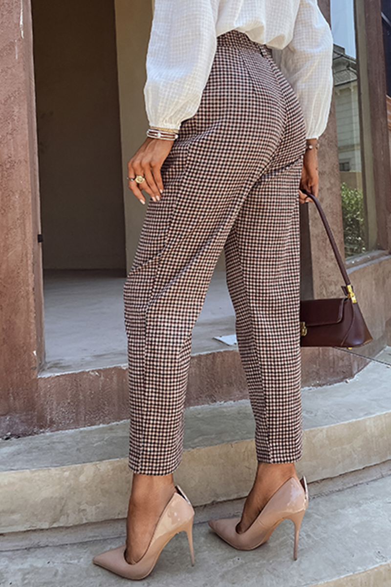 Antmvs Vintage Elegant Plaid Pocket Capris Straight Full Print Bottoms