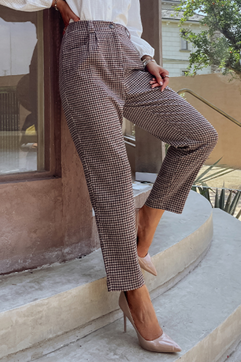 Antmvs Vintage Elegant Plaid Pocket Capris Straight Full Print Bottoms