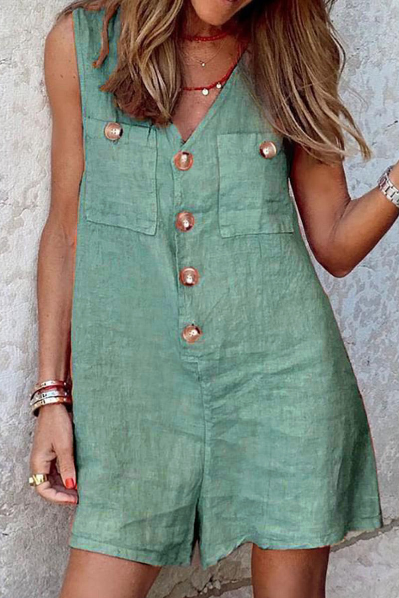 Antmvs Casual Solid Split Joint V Neck Loose Jumpsuits(4 Colors)