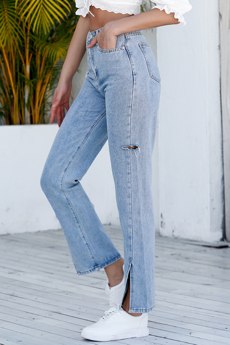 Antmvs Casual Street Solid Ripped Slit Straight Wide Leg Solid Color Bottoms