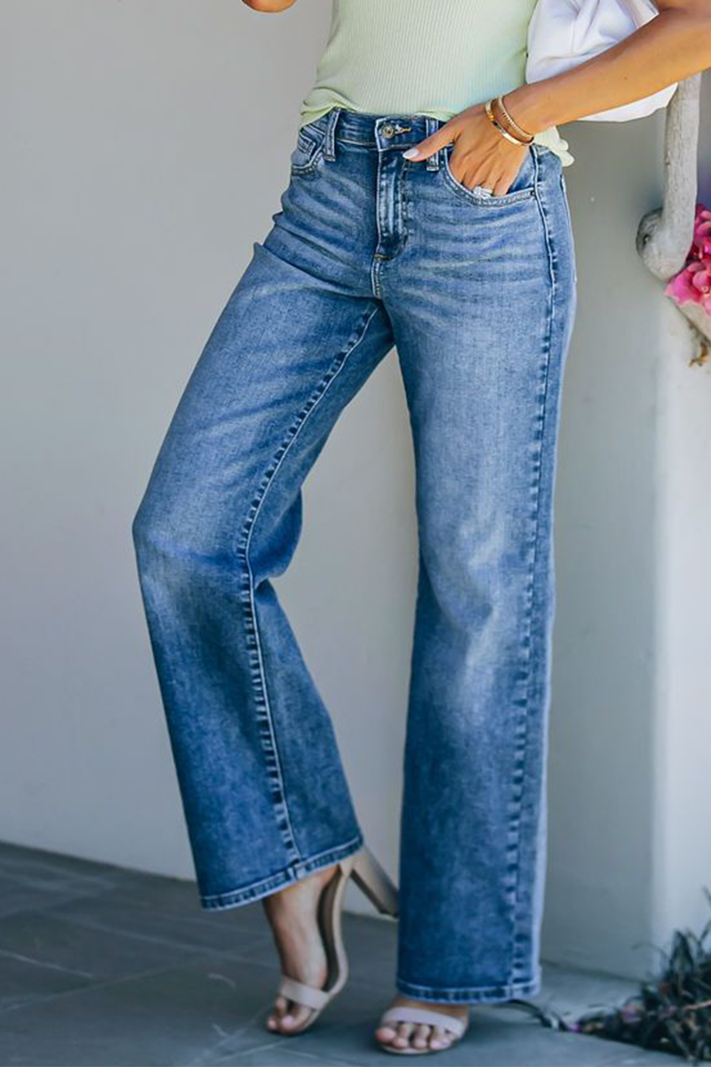 Antmvs Fashion Elegant Solid Basic Straight Mid Waist Wide Leg Bottoms