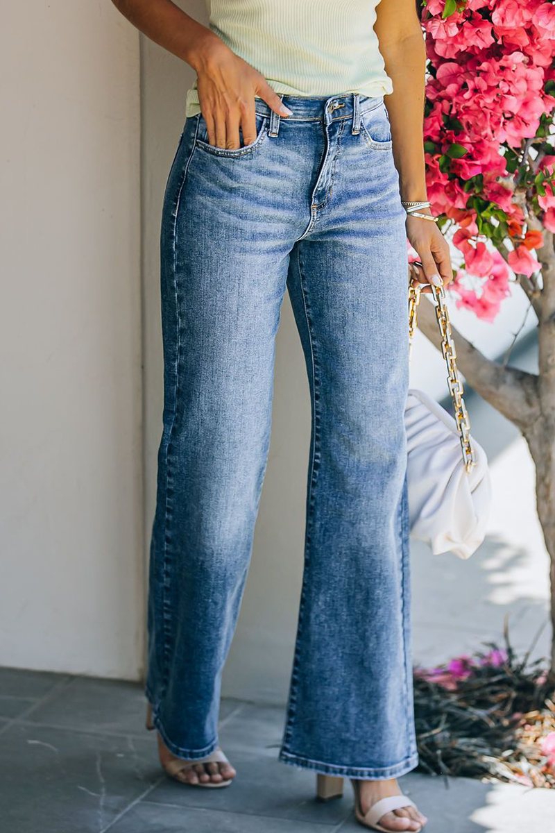 Antmvs Fashion Elegant Solid Basic Straight Mid Waist Wide Leg Bottoms