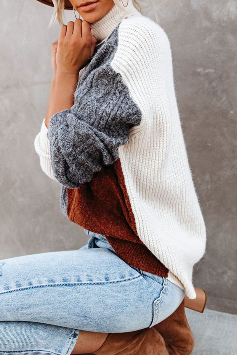 Casual Patchwork Contrast Turtleneck Tops