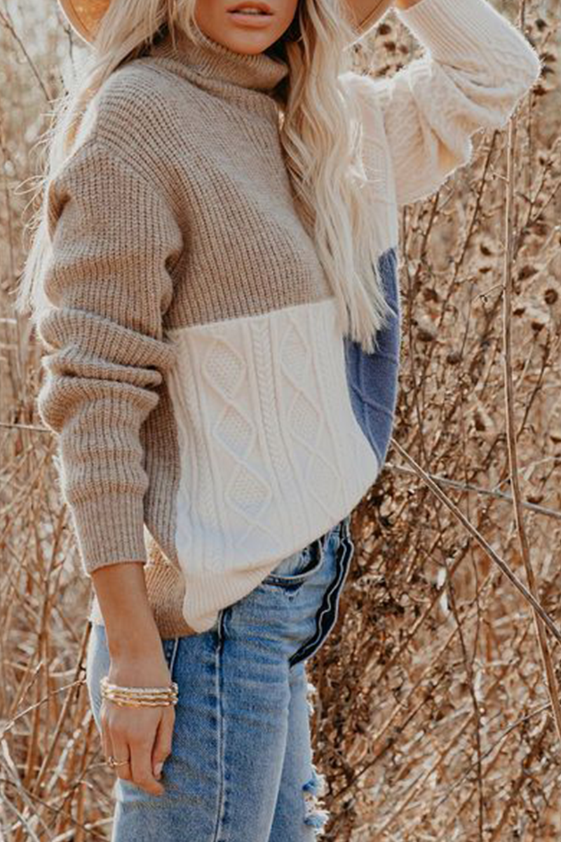 Casual Patchwork Contrast Turtleneck Tops