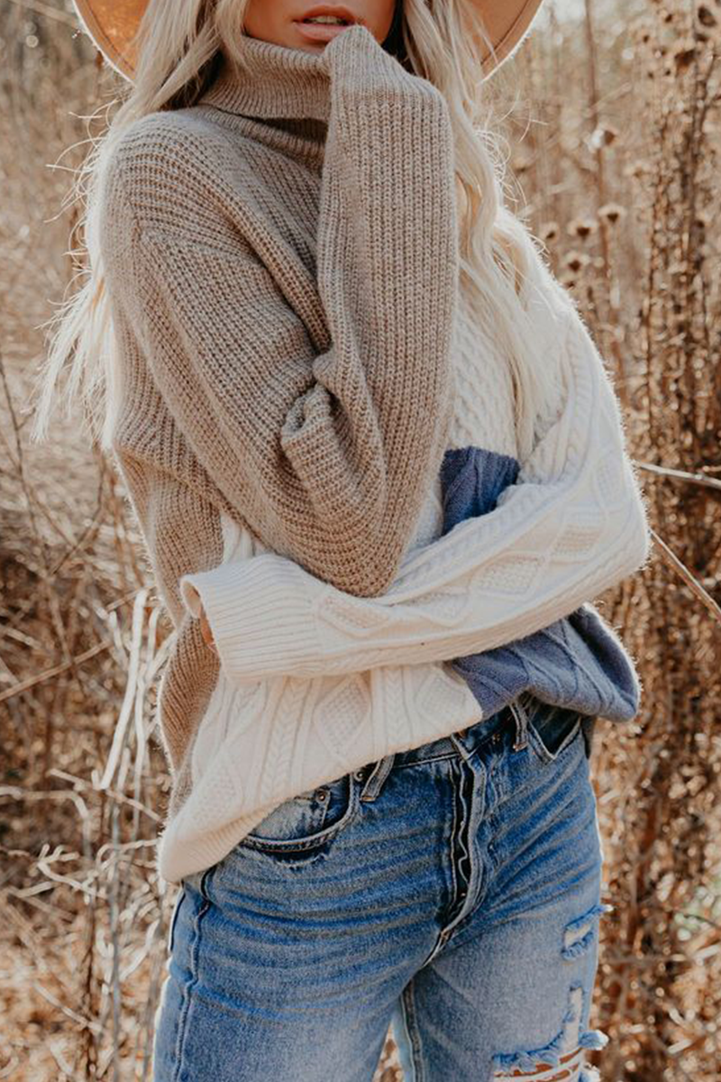 Casual Patchwork Contrast Turtleneck Tops
