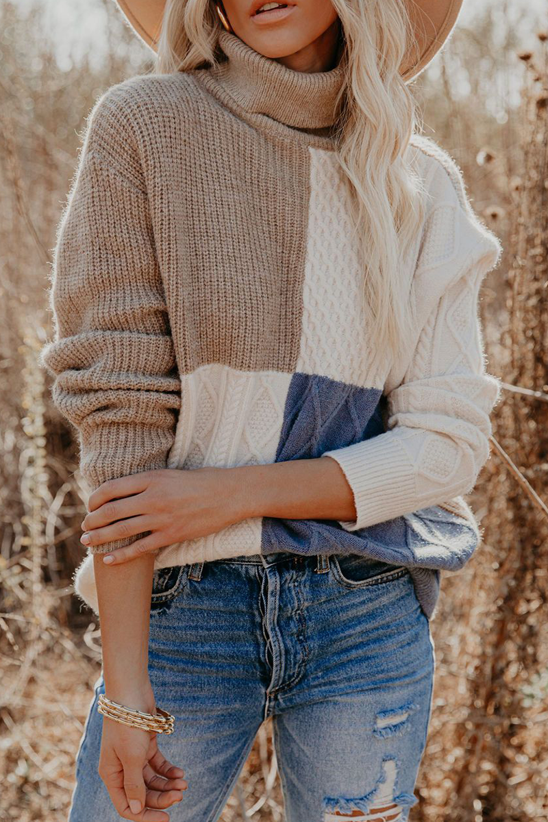 Casual Patchwork Contrast Turtleneck Tops