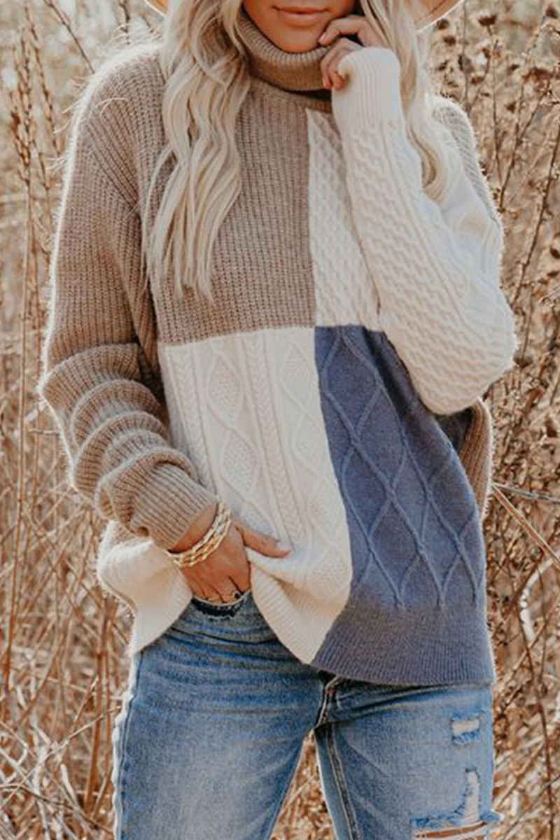 Casual Patchwork Contrast Turtleneck Tops