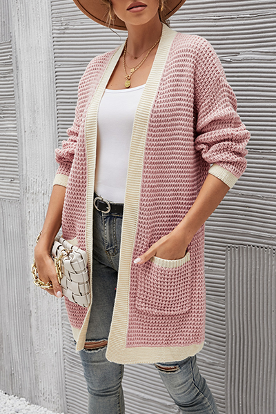 Casual Patchwork Pocket Contrast V Neck Tops Without Belt