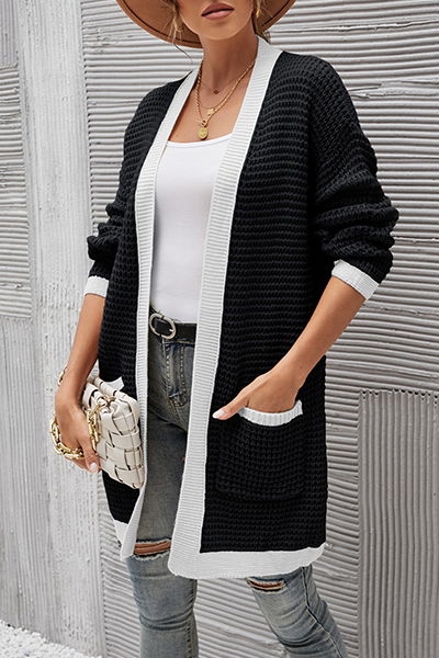 Casual Patchwork Pocket Contrast V Neck Tops Without Belt