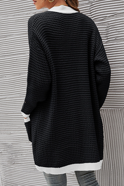 Casual Patchwork Pocket Contrast V Neck Tops Without Belt
