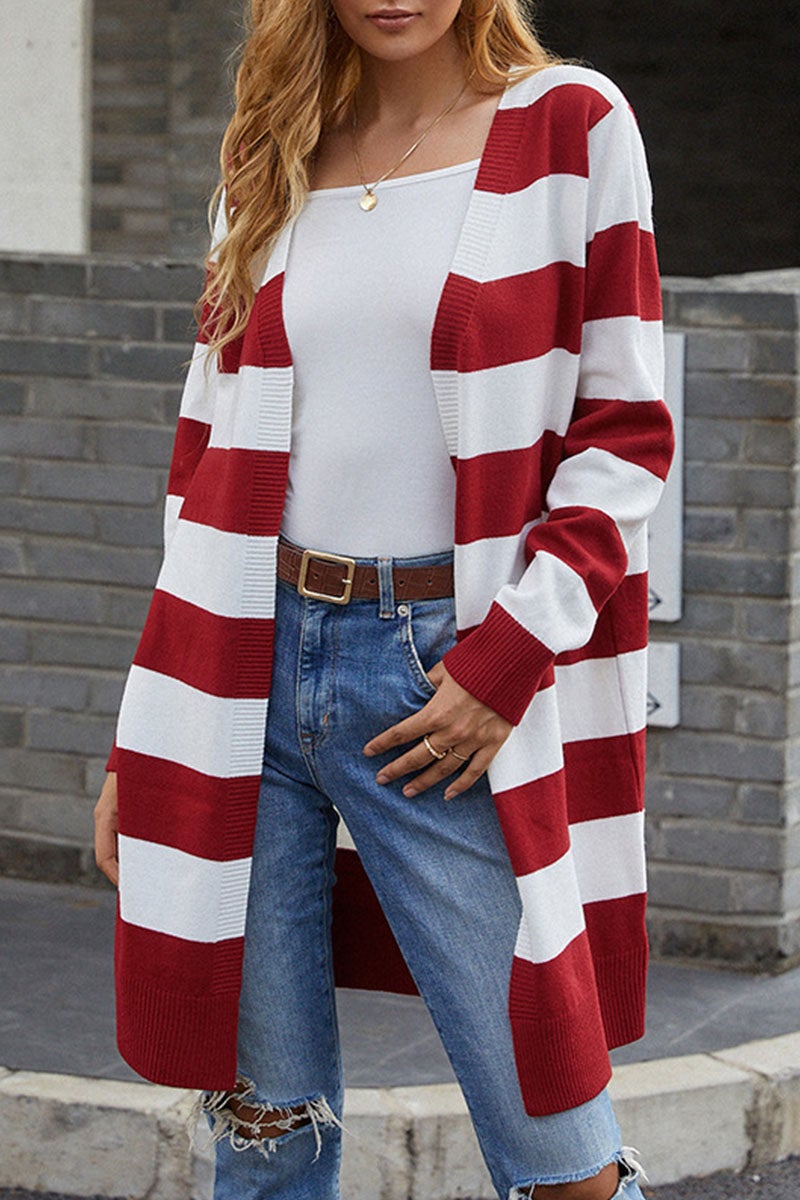 Fashion Casual Striped Split Joint V Neck Tops