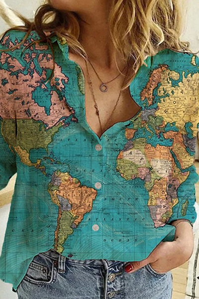 Casual Print Split Joint Buckle Turndown Collar Tops