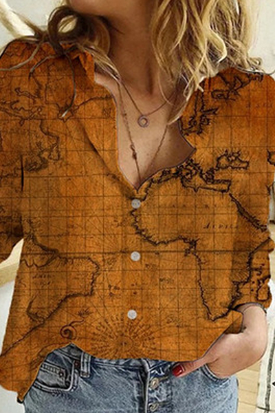 Casual Print Split Joint Buckle Turndown Collar Tops