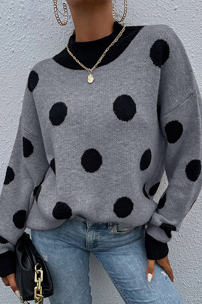 Dot Split Joint Contrast O Neck Tops