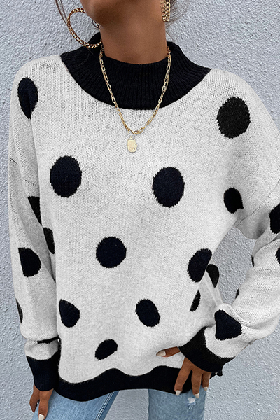 Dot Split Joint Contrast O Neck Tops