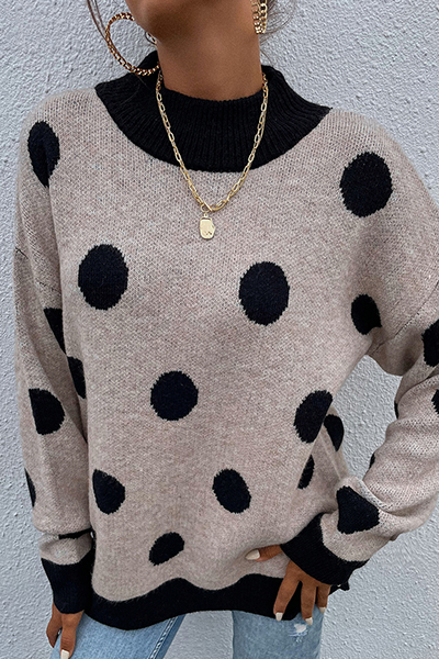 Dot Split Joint Contrast O Neck Tops