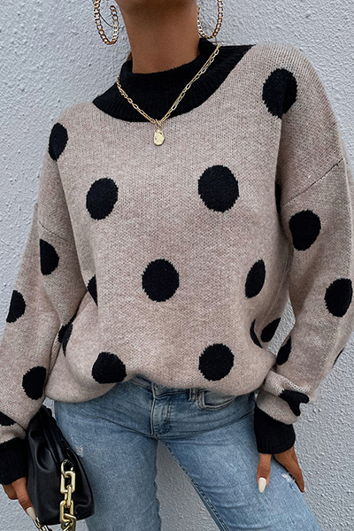 Dot Split Joint Contrast O Neck Tops