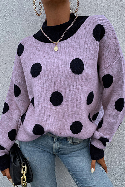Dot Split Joint Contrast O Neck Tops