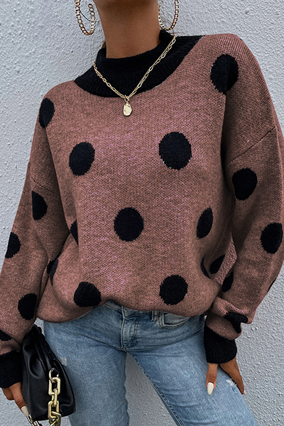 Dot Split Joint Contrast O Neck Tops