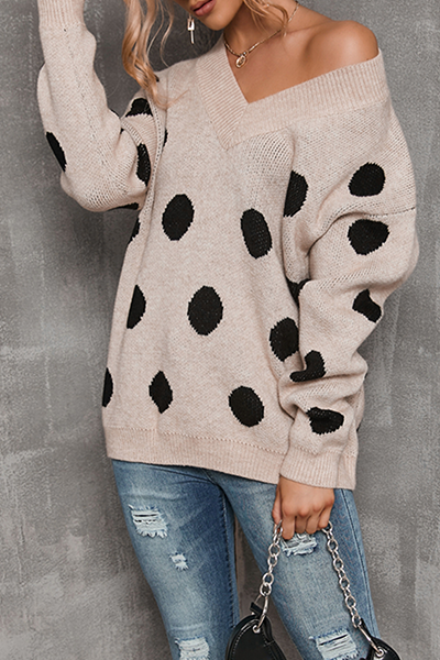 Casual Polka Dot Split Joint Contrast V Neck Tops