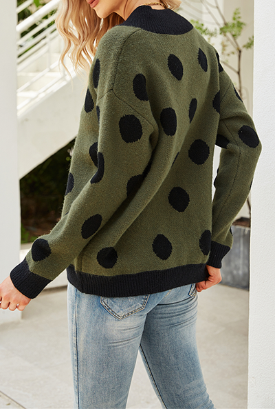Casual Polka Dot Split Joint Contrast V Neck Tops