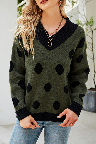 Casual Polka Dot Split Joint Contrast V Neck Tops