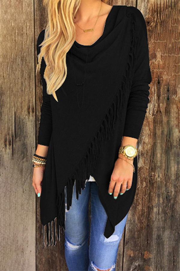 Casual Solid Tassel Slit Asymmetrical Collar Tops(6 Colors)