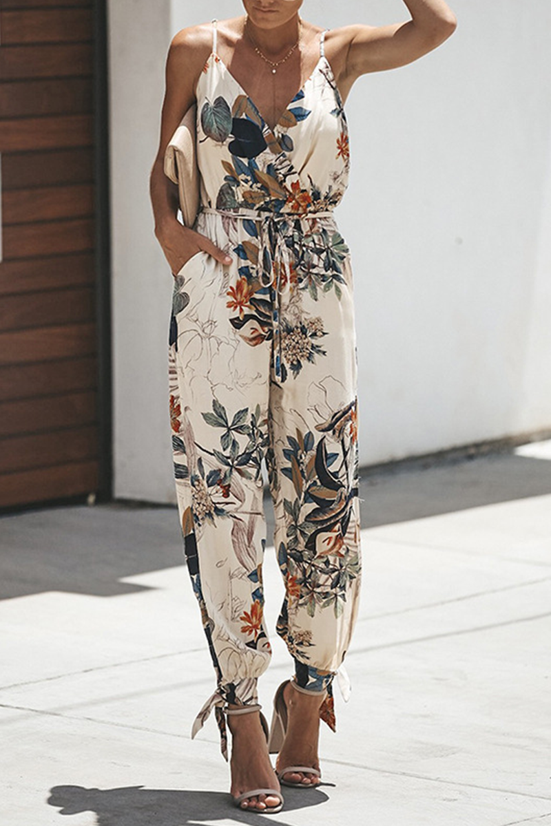 Antmvs Casual Print Split Joint Spaghetti Strap Harlan Jumpsuits(4 colors)