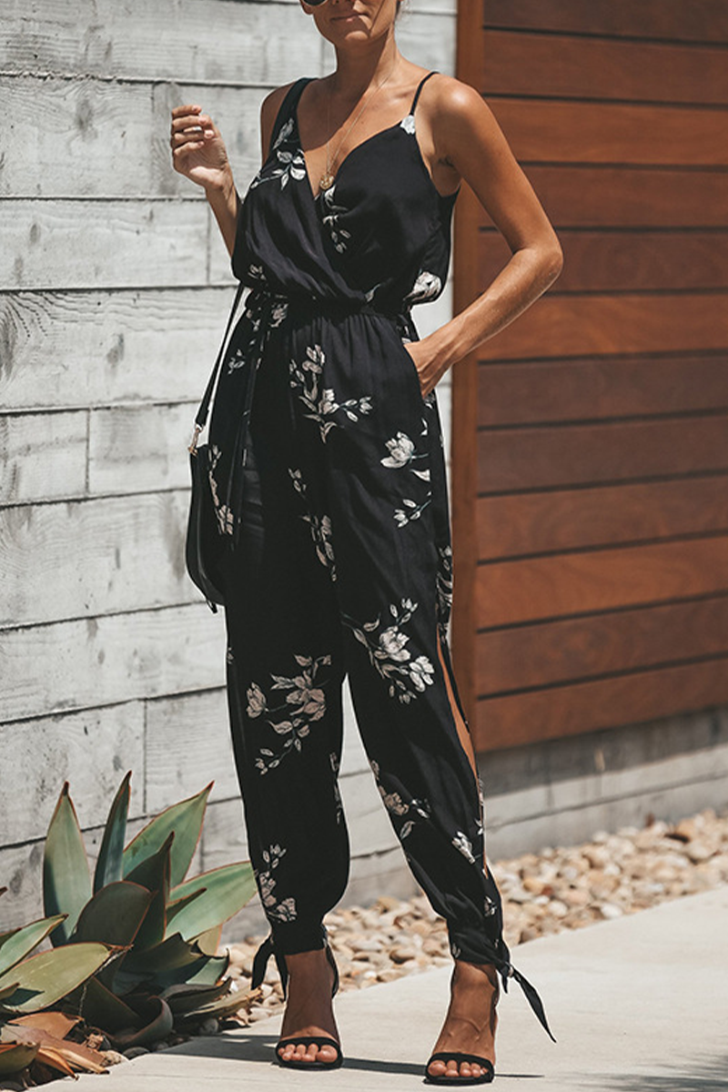 Antmvs Casual Print Split Joint Spaghetti Strap Harlan Jumpsuits(4 colors)