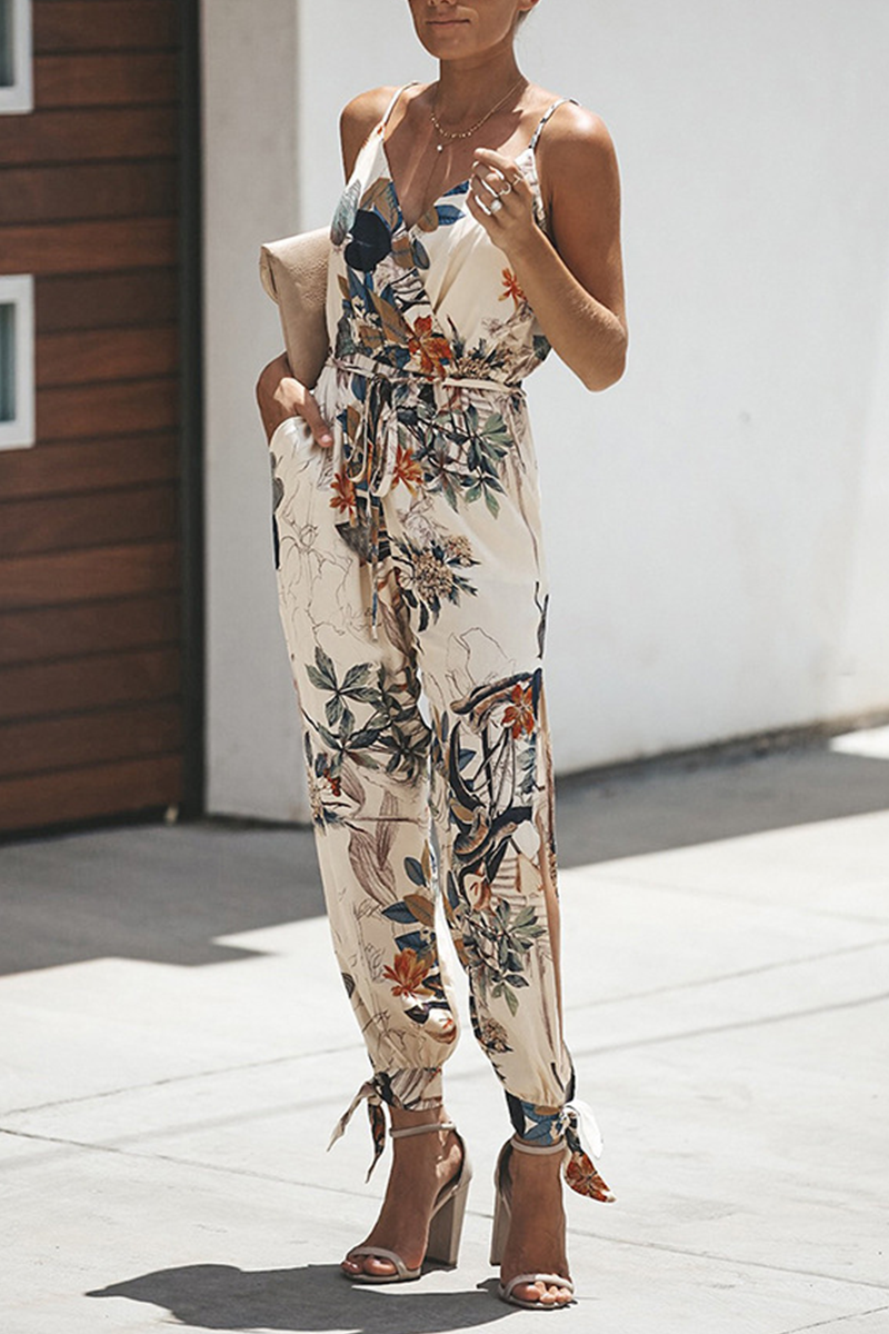 Antmvs Casual Print Split Joint Spaghetti Strap Harlan Jumpsuits(4 colors)