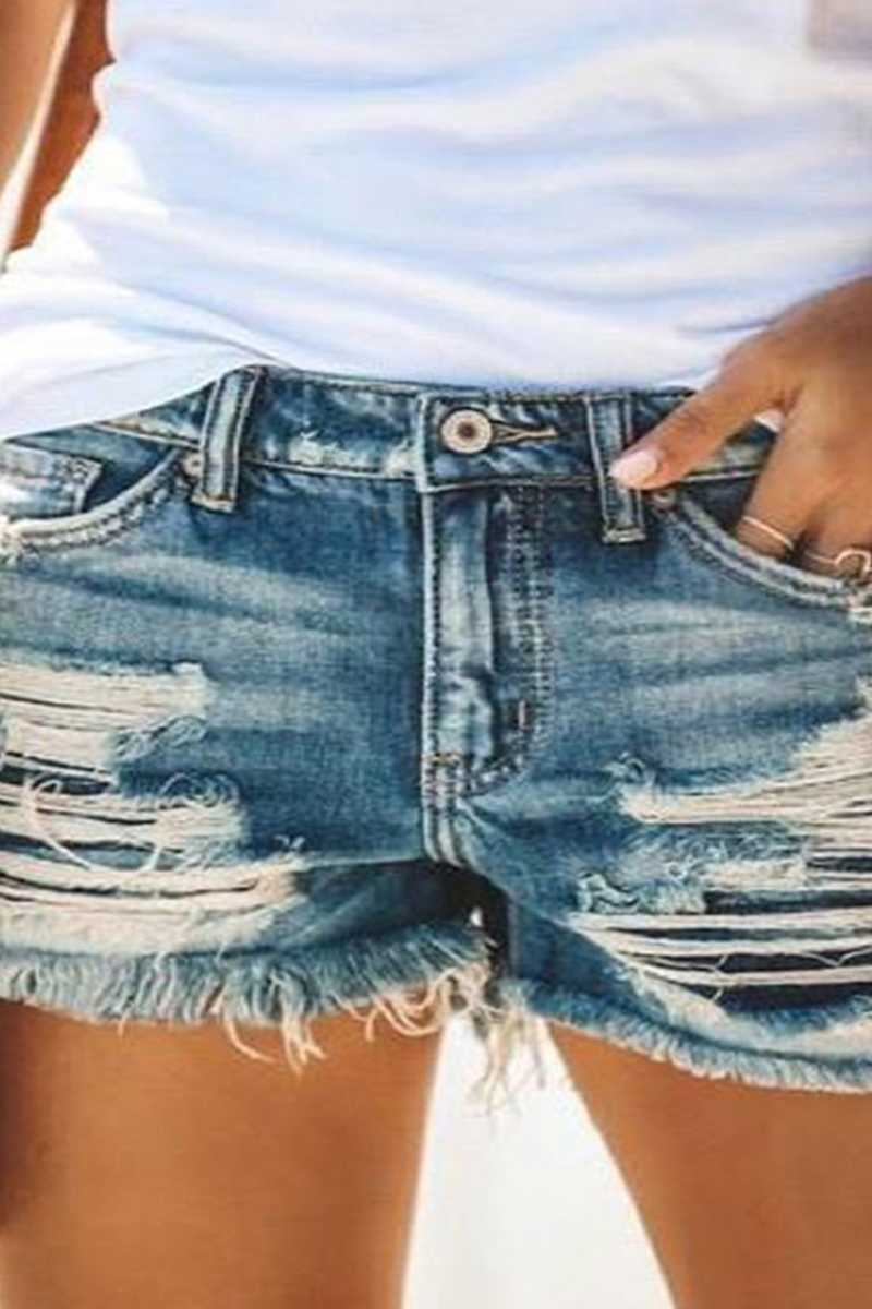 Antmvs Casual Solid Ripped Mid Waist Straight Denim Shorts