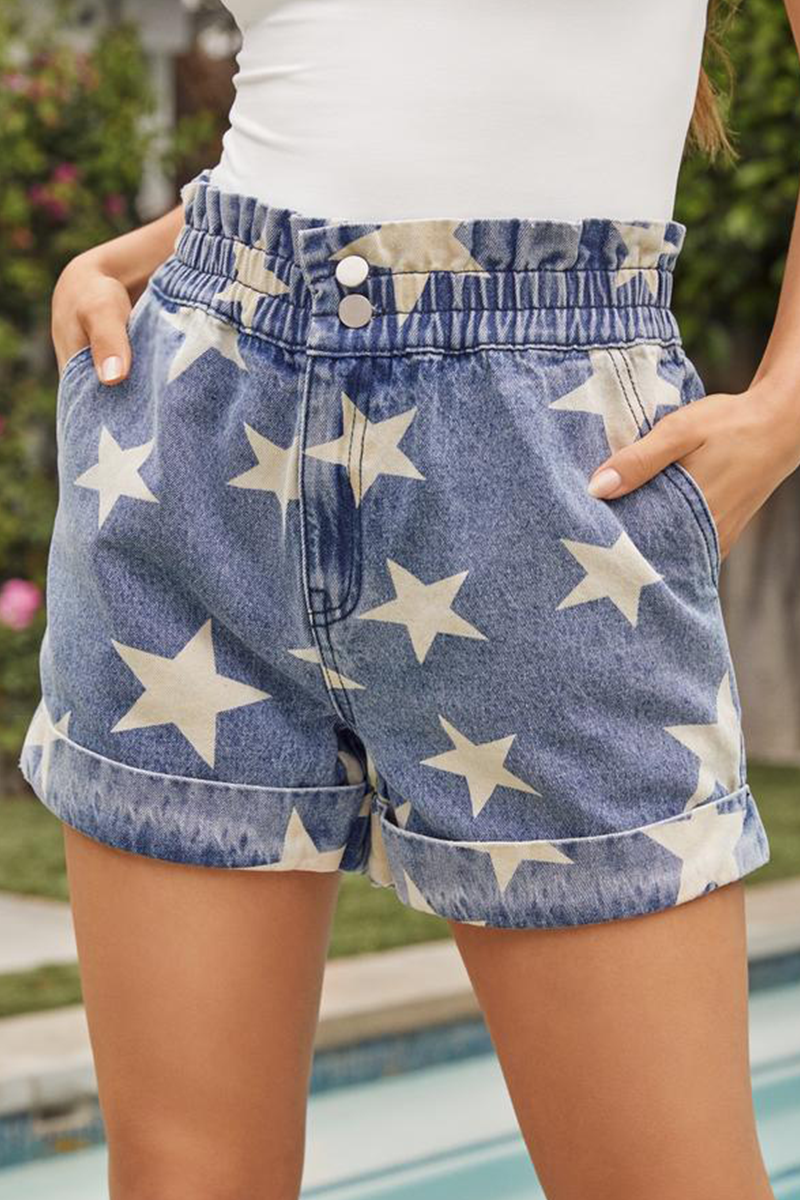 Antmvs Casual Print Split Joint High Waist Straight Denim Shorts