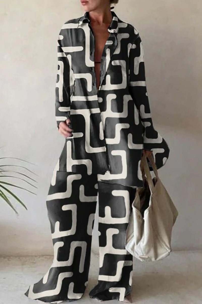 Antmvs Casual Print Patchwork Turndown Collar Long Sleeve Two Pieces(5 Colors)