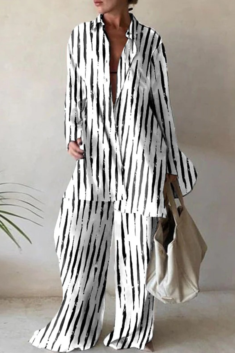 Antmvs Casual Print Patchwork Turndown Collar Long Sleeve Two Pieces(5 Colors)