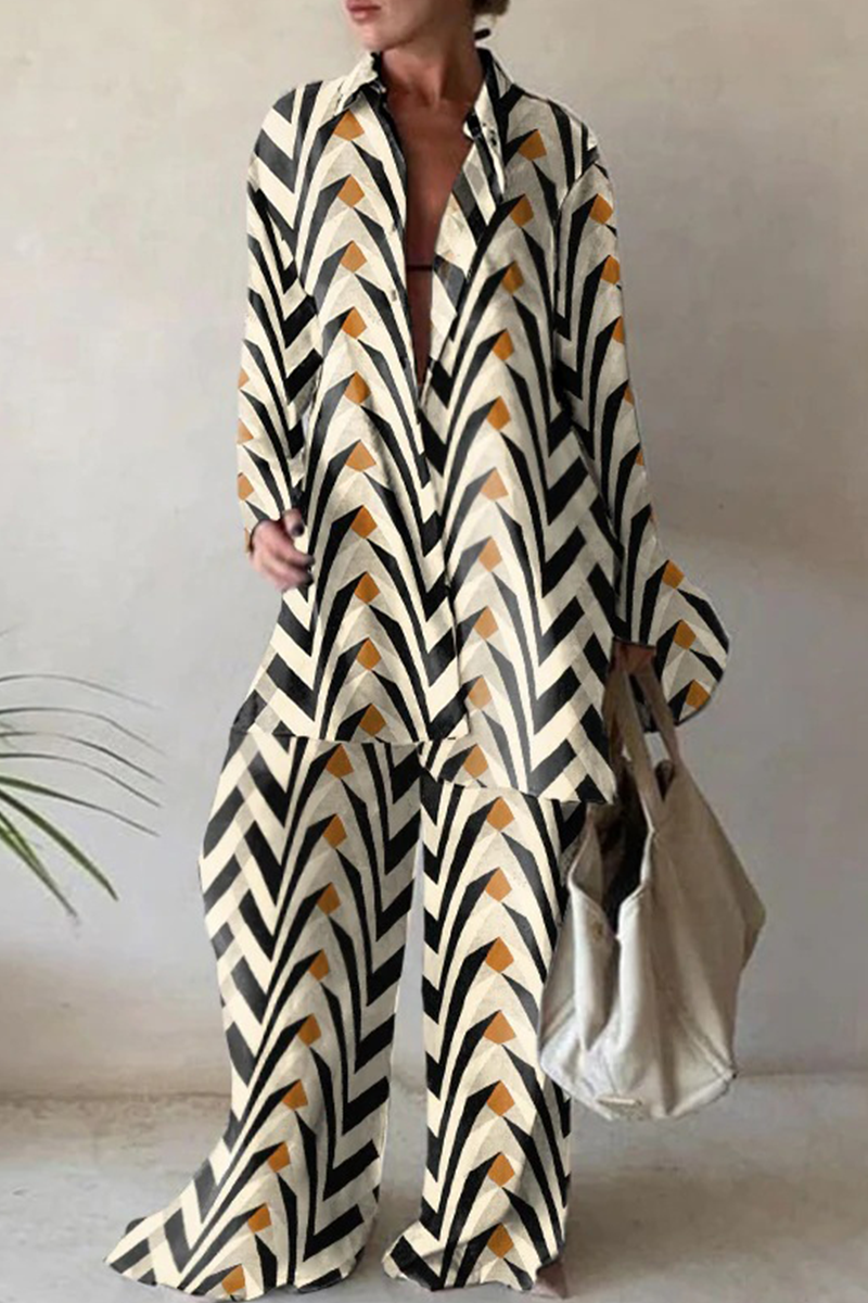 Antmvs Casual Print Patchwork Turndown Collar Long Sleeve Two Pieces(5 Colors)