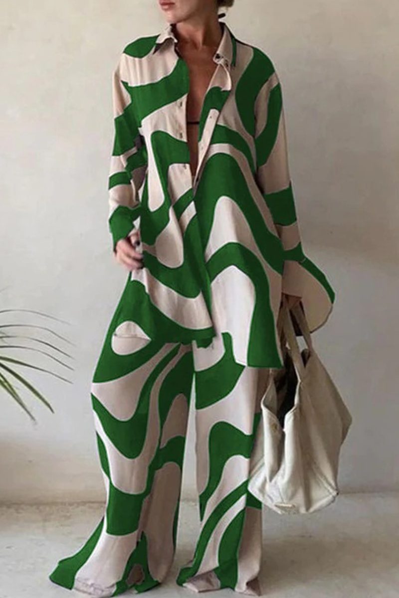 Antmvs Casual Print Patchwork Turndown Collar Long Sleeve Two Pieces(5 Colors)