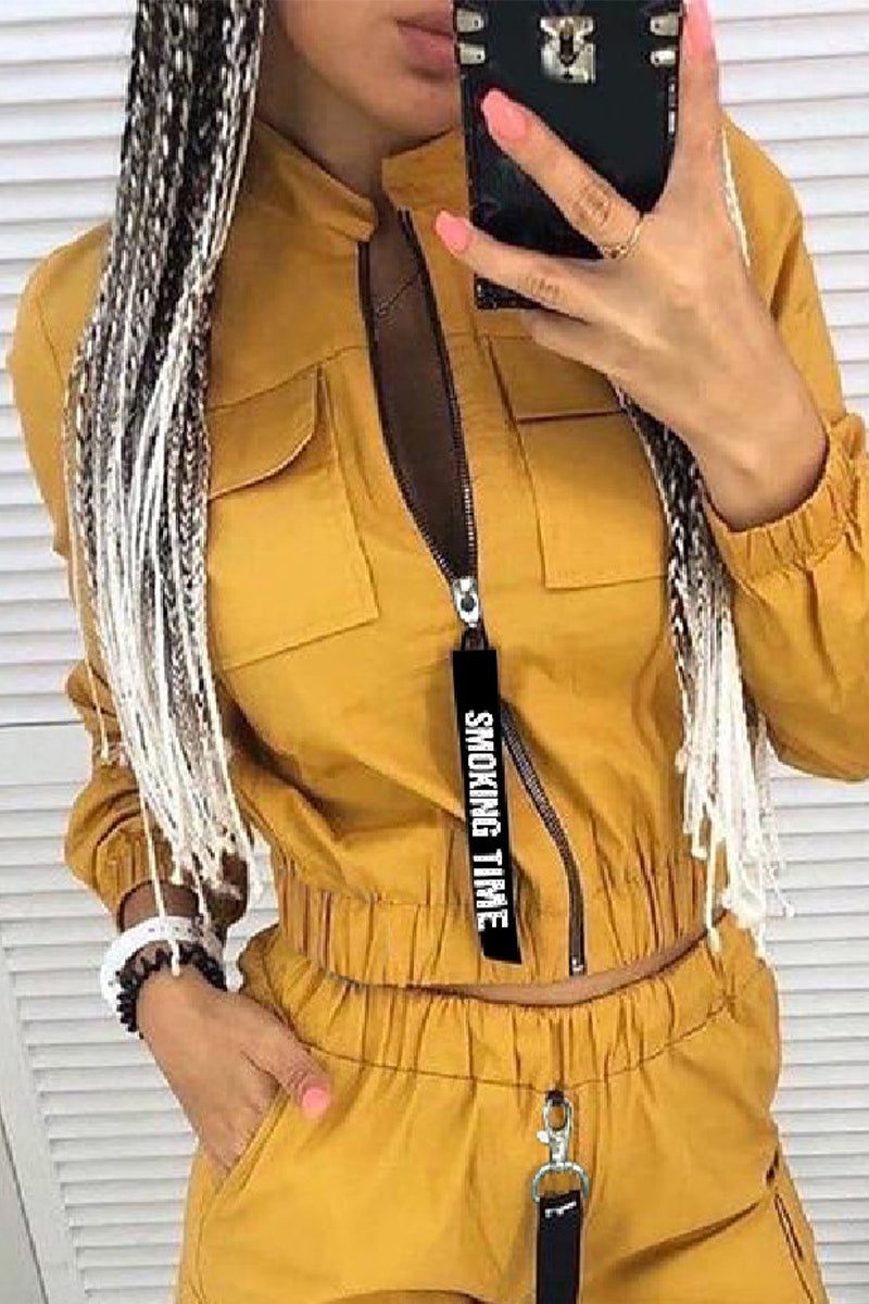 Antmvs Casual Solid Zipper Mandarin Collar Three Quarter Two Pieces
