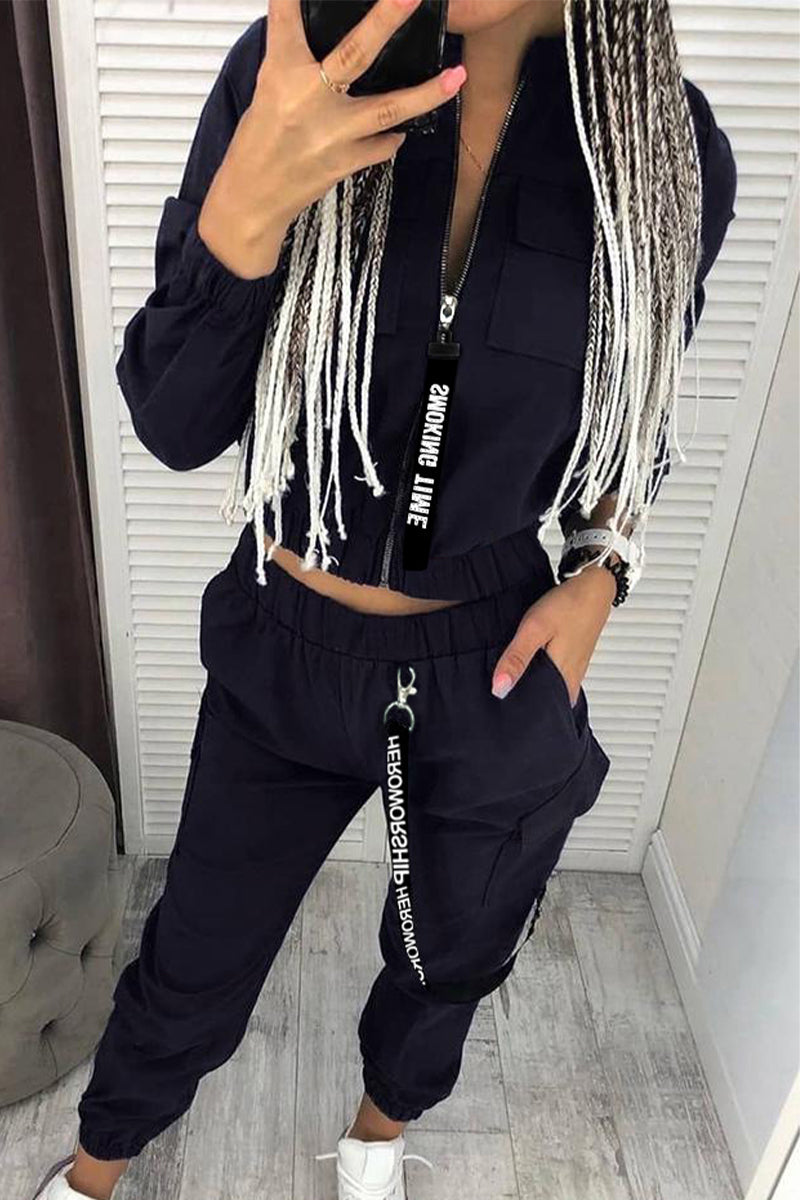 Antmvs Casual Solid Zipper Mandarin Collar Three Quarter Two Pieces
