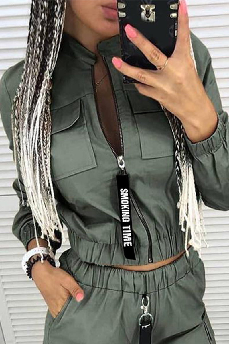 Antmvs Casual Solid Zipper Mandarin Collar Three Quarter Two Pieces