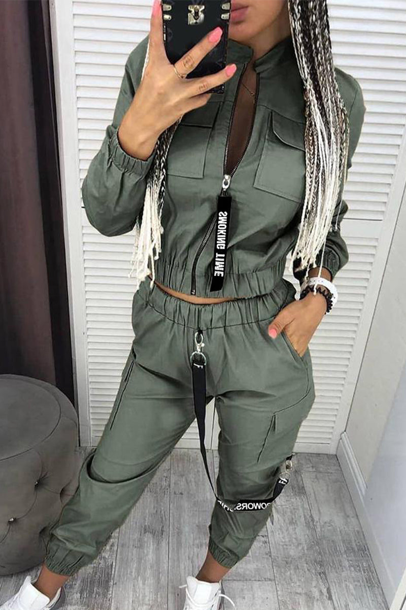 Antmvs Casual Solid Zipper Mandarin Collar Three Quarter Two Pieces