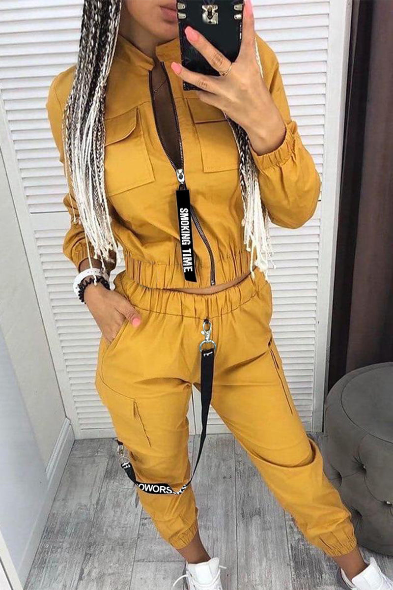Antmvs Casual Solid Zipper Mandarin Collar Three Quarter Two Pieces