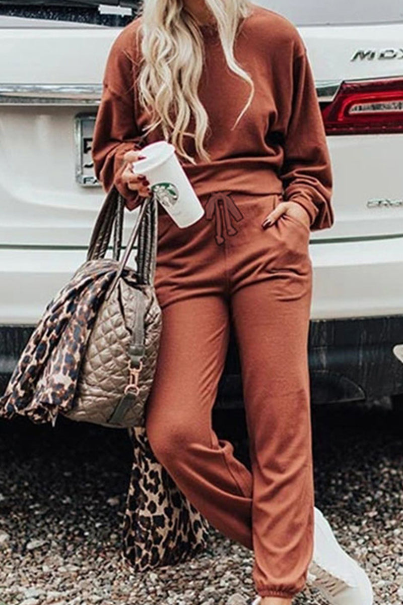 Antmvs Casual Solid Color O Neck Long Sleeve Two Pieces